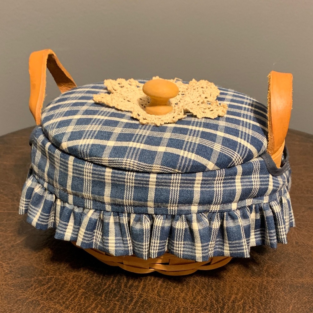 Longaberger Blue Checkered Basket with Tan Leather Handles